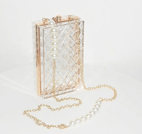Clear textured bag w/pearl chain strap