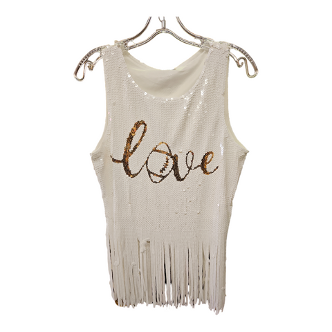 White and gold sequin fringe tank