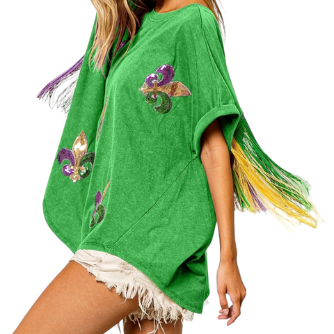 Oversized vintage green fringe Mardi Gras shirt