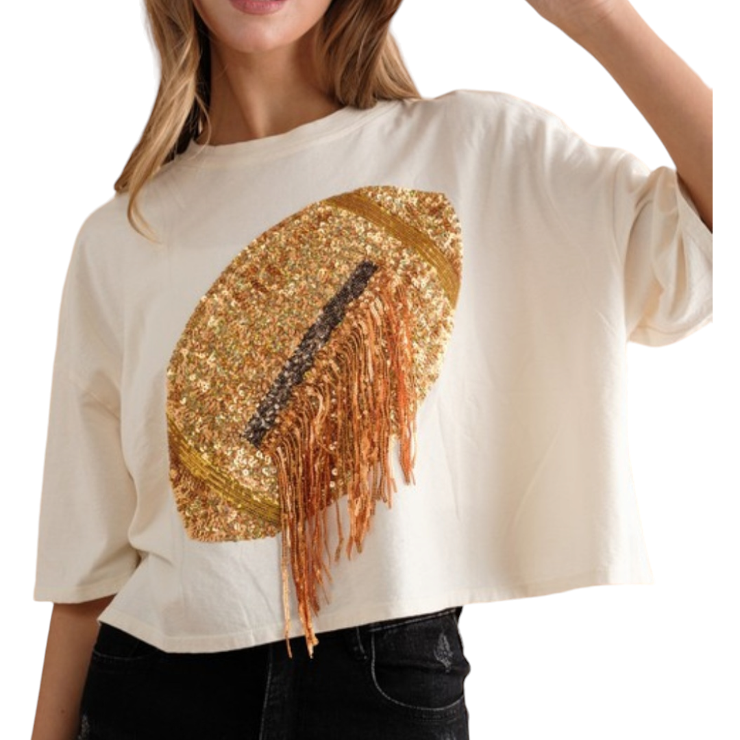 OVERSIZED cream crop with sequin football