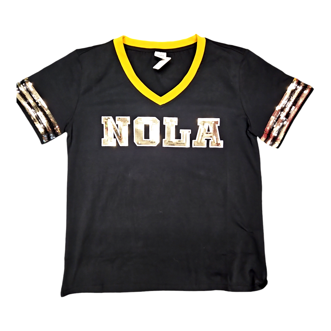 NOLA Gold sequin shirt with mustard collar