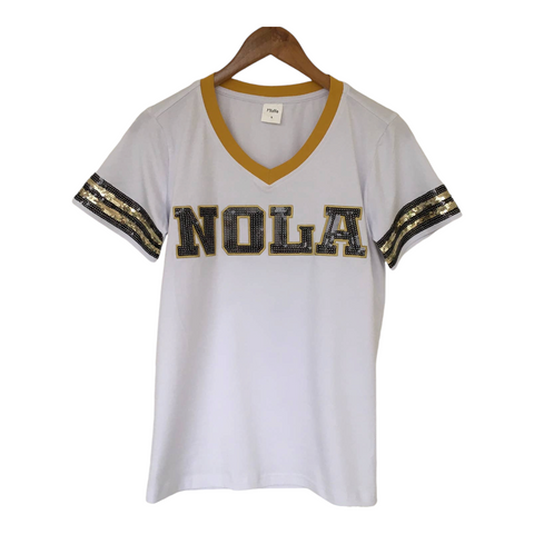 sequin NOLA white shirt with mustard collar