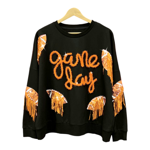 Black & Gold with fringes long sleeve pullover (oversized; no stretch)