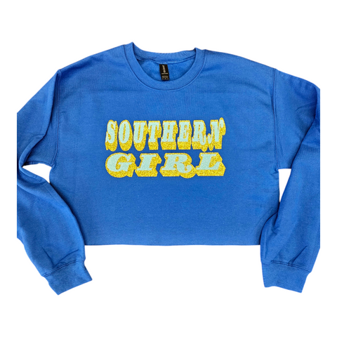 Southern Girl oversized fleece crop top (royal blue/gold/baby blue)