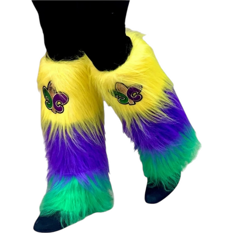 Mardi Gras furry leg warmers w/fleur de lis