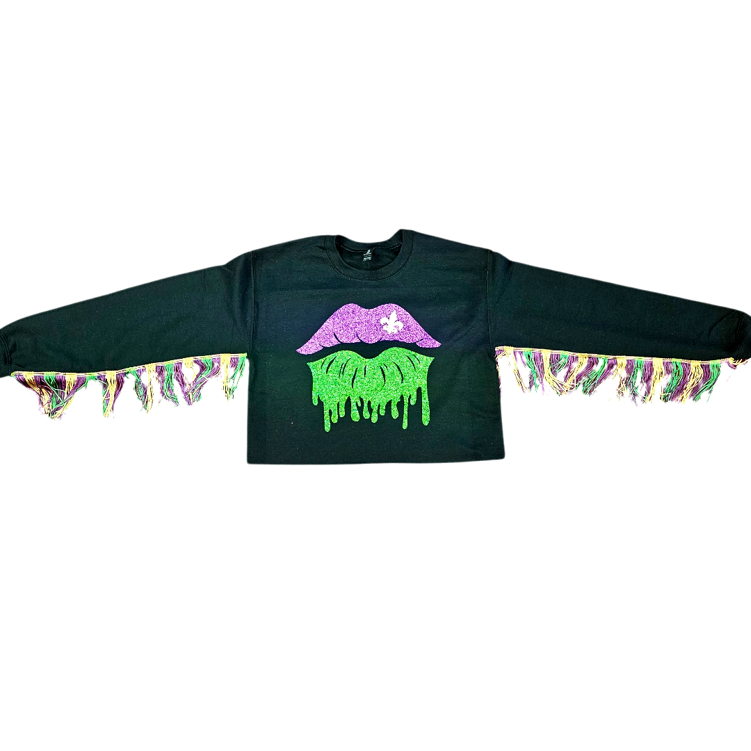 Mardi Gras lips oversized fleece crop top with fringe