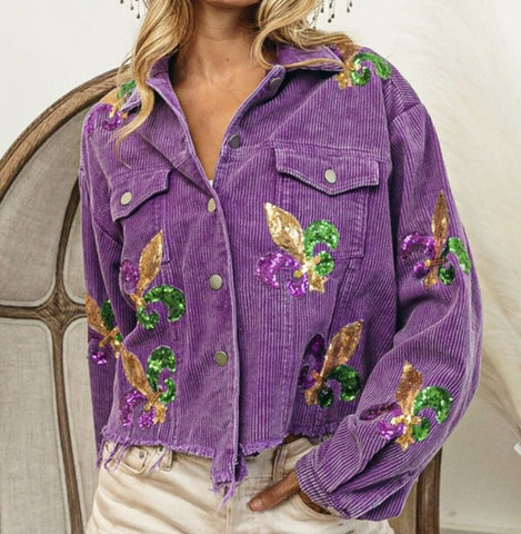 Wahed purple corduroy Mardi Gras oversized jacket with sequin patches