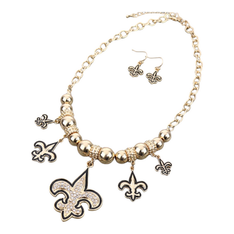 New style gold fleur charm necklace/earrings set